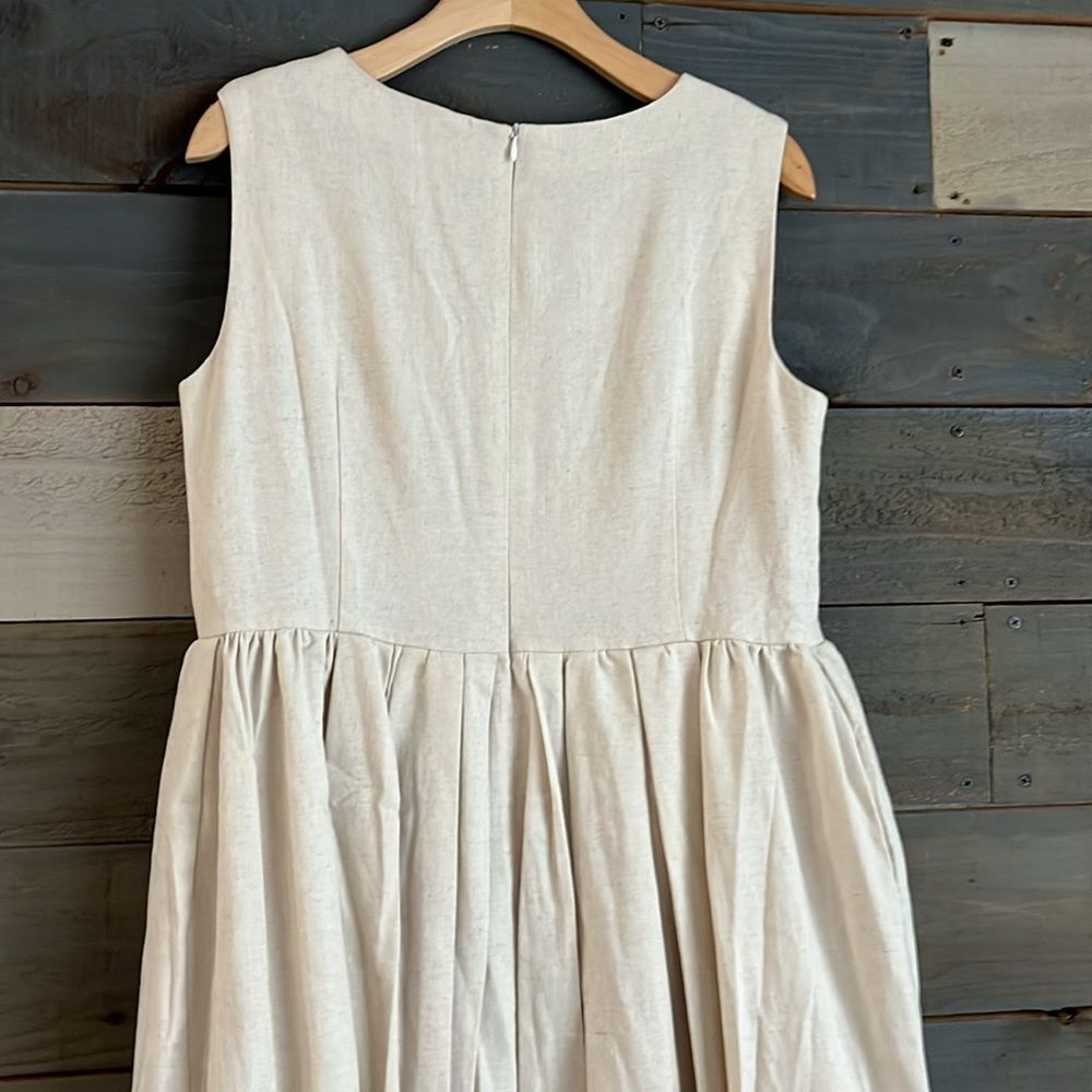 Flax Linen Rayon Blend Sleeveless Pleated Midi Dress L Natural - Picture 5 of 11